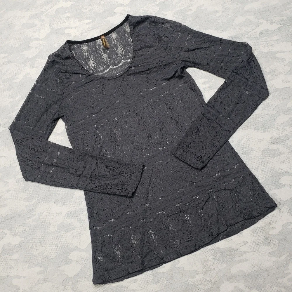 Stetson Top Womens Large Gray Lace Sheer Long Sleeve Sheer - Picture 2 of 10
